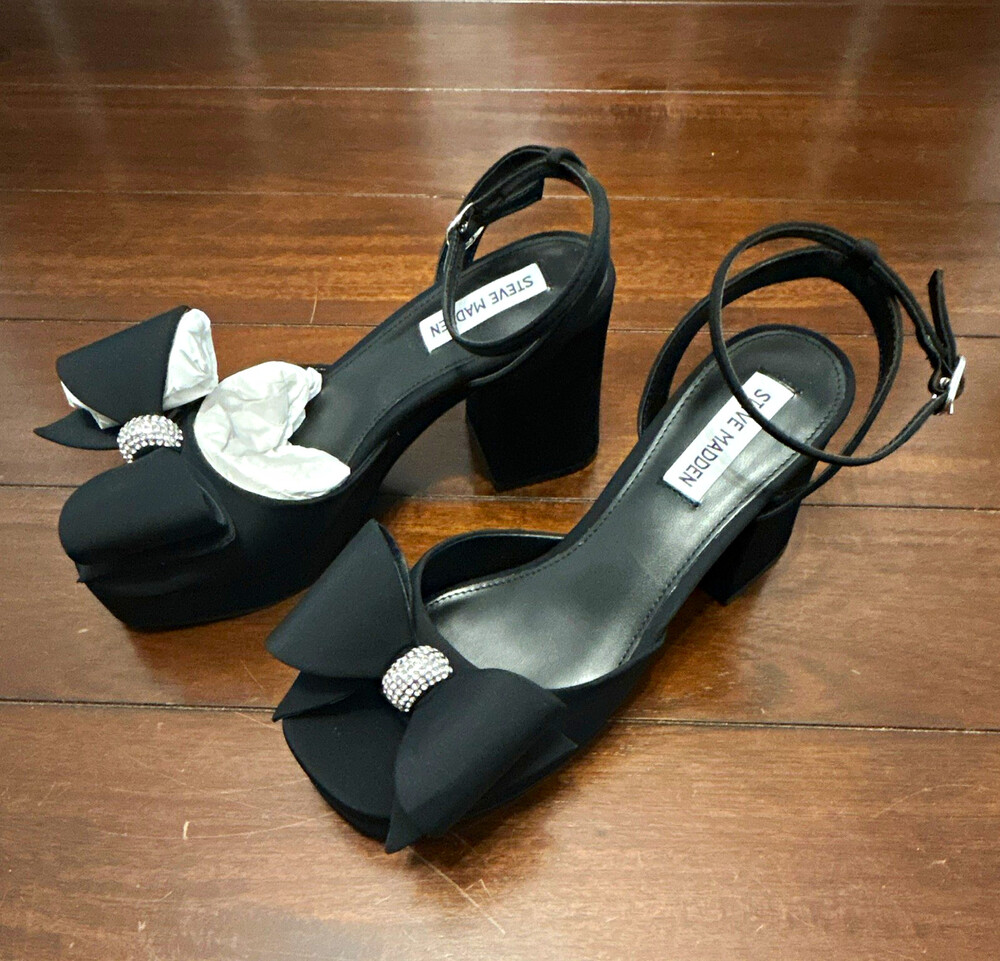 Steve Madden Black Satin Platform Ankle Strap Open Toe Bow Rhinestone 8 M